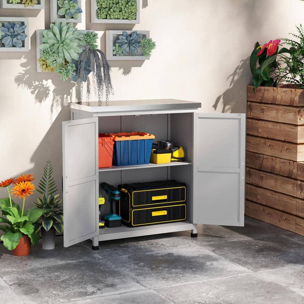 Outsunny Wooden Storage Cabinet, Outdoor Prep Station with Metal Tabletop and Shelf, Patio Storage Cabinet with Double Doors, Gray