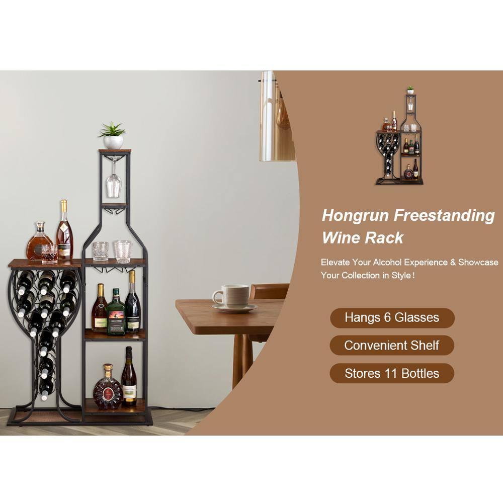 11 Bottle Wine Bakers Rack, 5 Tier Freestanding Wine Rack with Hanging Wine Glass Holder and Storage Shelves, Wine Storage Home Bar for Liquor and Wine Storagefor Kitchen, Dining Room