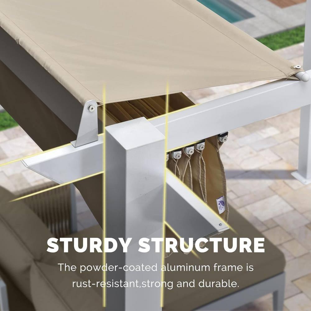 PURPLE LEAF 10' x 10' Outdoor Retractable Pergola with Double Sun Shade Canopy and White Heavy-Duty Aluminum Frame Patio Modern Adjustable Canopy Pergola for Garden Deck and Backyard, Khaki