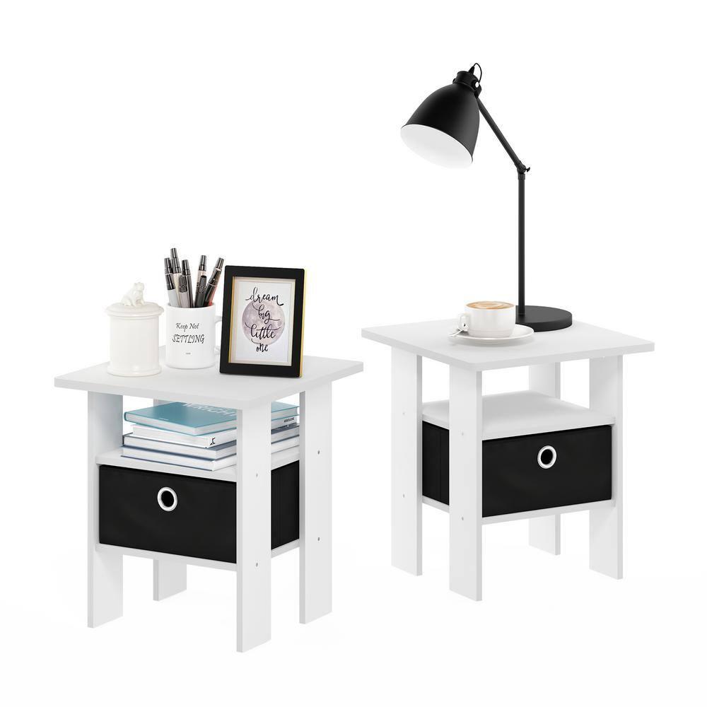 Furinno 2PCS Modern Bedside End Table Nightstand Accent Sofa Side Table W/Removable Drawer & Open Storage Shelf,White/Black