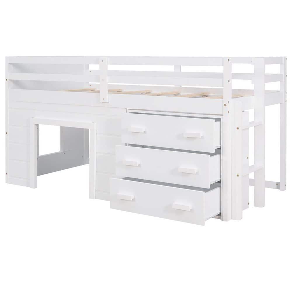 Twin Size Loft Bed with Cabinet and Shelf, Solid Wood Low Loft Bed Frame with Ladder and Full-Length Guardrails for Kids Girls Boys, White