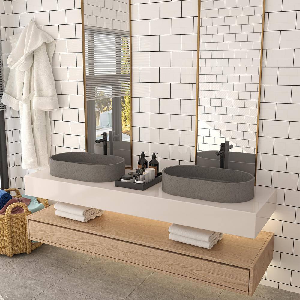 23.63 in. Oval Vessel Bathroom Sink with Pop-up Drain in Mottled Bluish Gray Cement