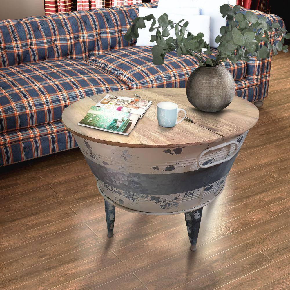 Distressed Metal Frame Cocktail Table with Hinged Lift Top Storage Brown/Gray - Benzara