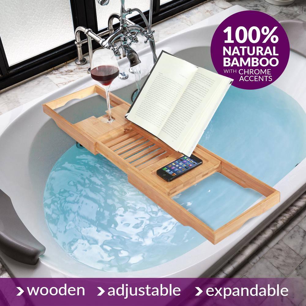 ToiletTree Products Bamboo Bathtub Caddy with Extending Sides and Adjustable Book Holder