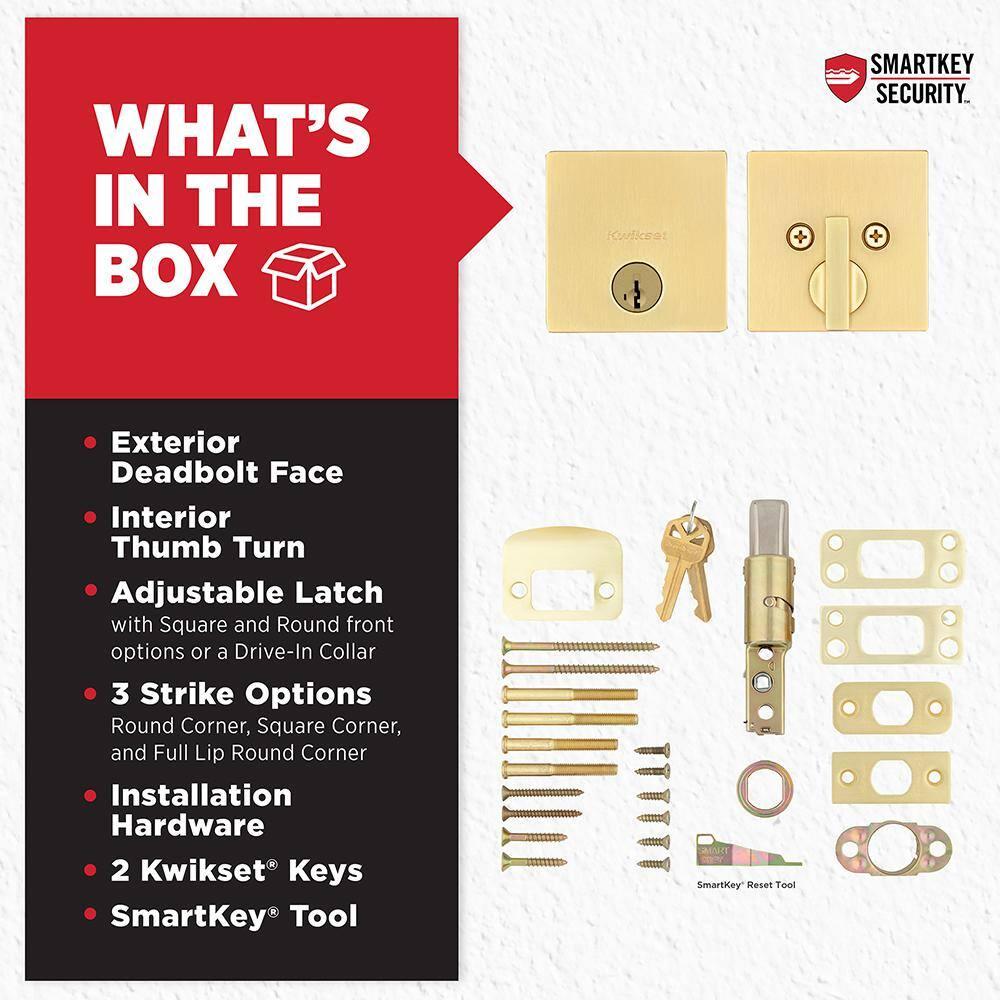 Kwikset Downtown Deadbolt Lock, Satin Brass Square Exterior Keyed Front Entry Door, Pick Resistant SmartKey Rekey Security, Single Cylinder Dead Bolt, with Microban Protection