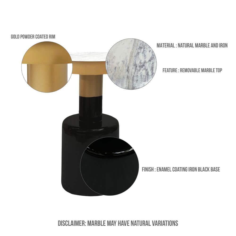 The Urban Port 20" Round Side End Table Gold Banded Natural White Marble Top Black Enamel Coated Iron Pedestal Base White/Gold