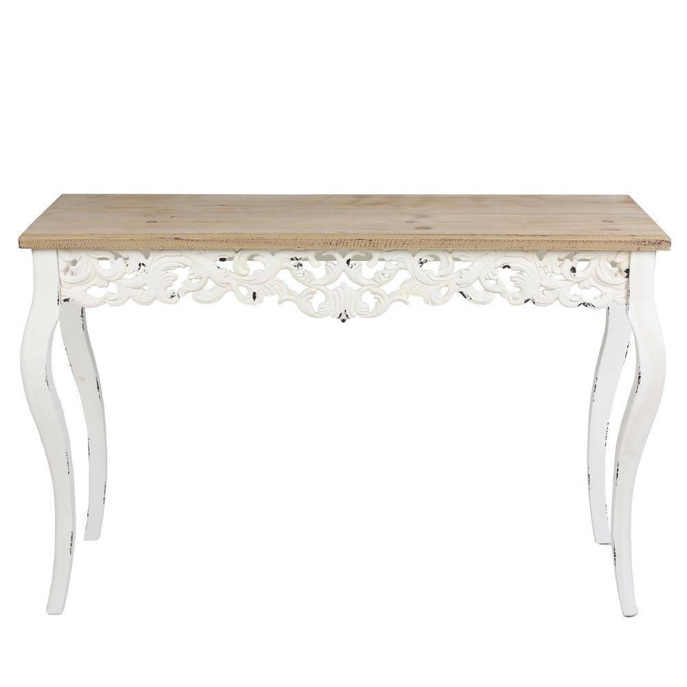LuxenHome Victorian Off White and Natural Wood Console and Entry Table Off-White