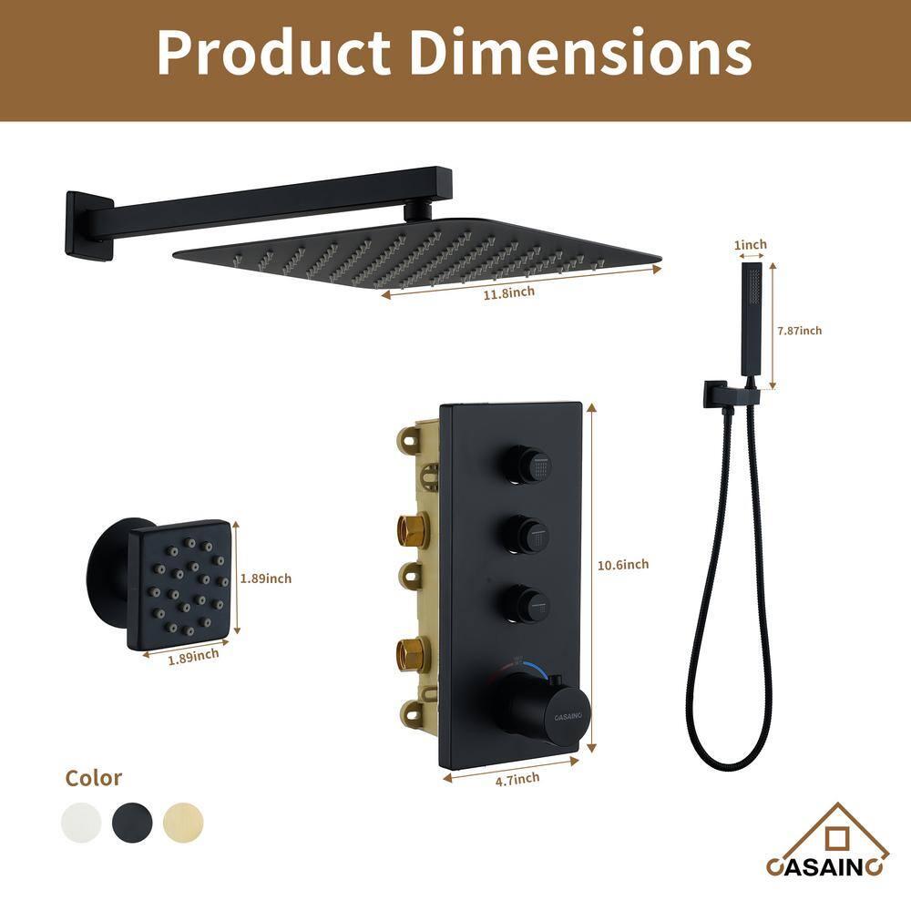 3 Functions 12 Inch Wall Mount Thermostatic Shower System with 6 Body Jets