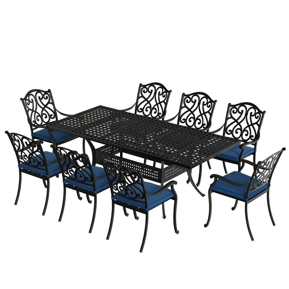 Black Cast Aluminum 6-Person Outdoor Dining Set with Blue Cushions