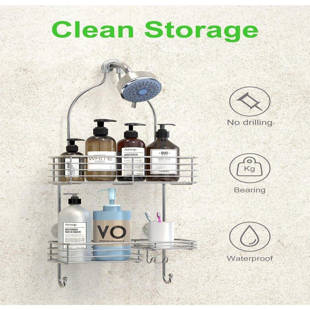 SMARTAKE Hanging Shower Head Caddy, Rustproof Bathroom Shower Room Shelf Organizer, SUS201 Stainless Steel Over The Shower Storage Rack, for Toilet, Silver