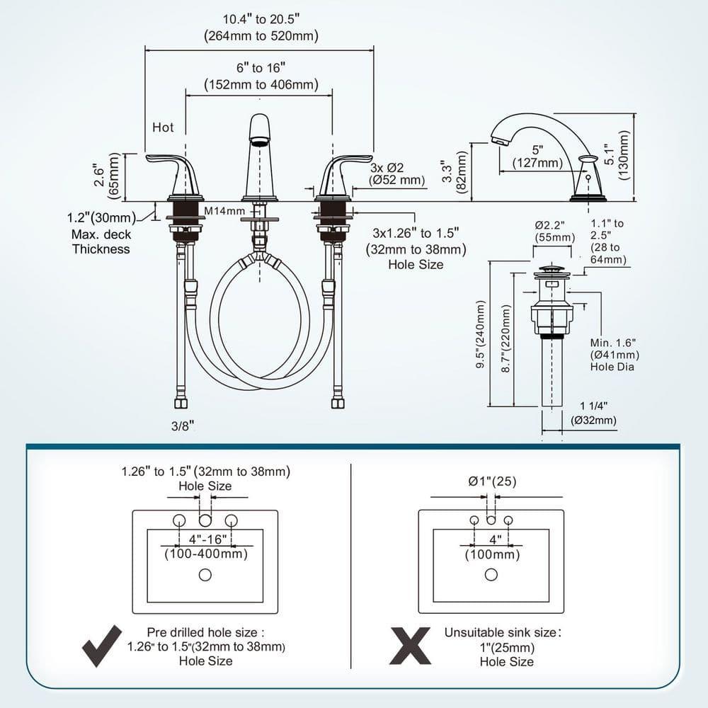 Aleasha Widespread Bathroom Sink Faucet, 3 Hole Faucet With Pop-Up Drain