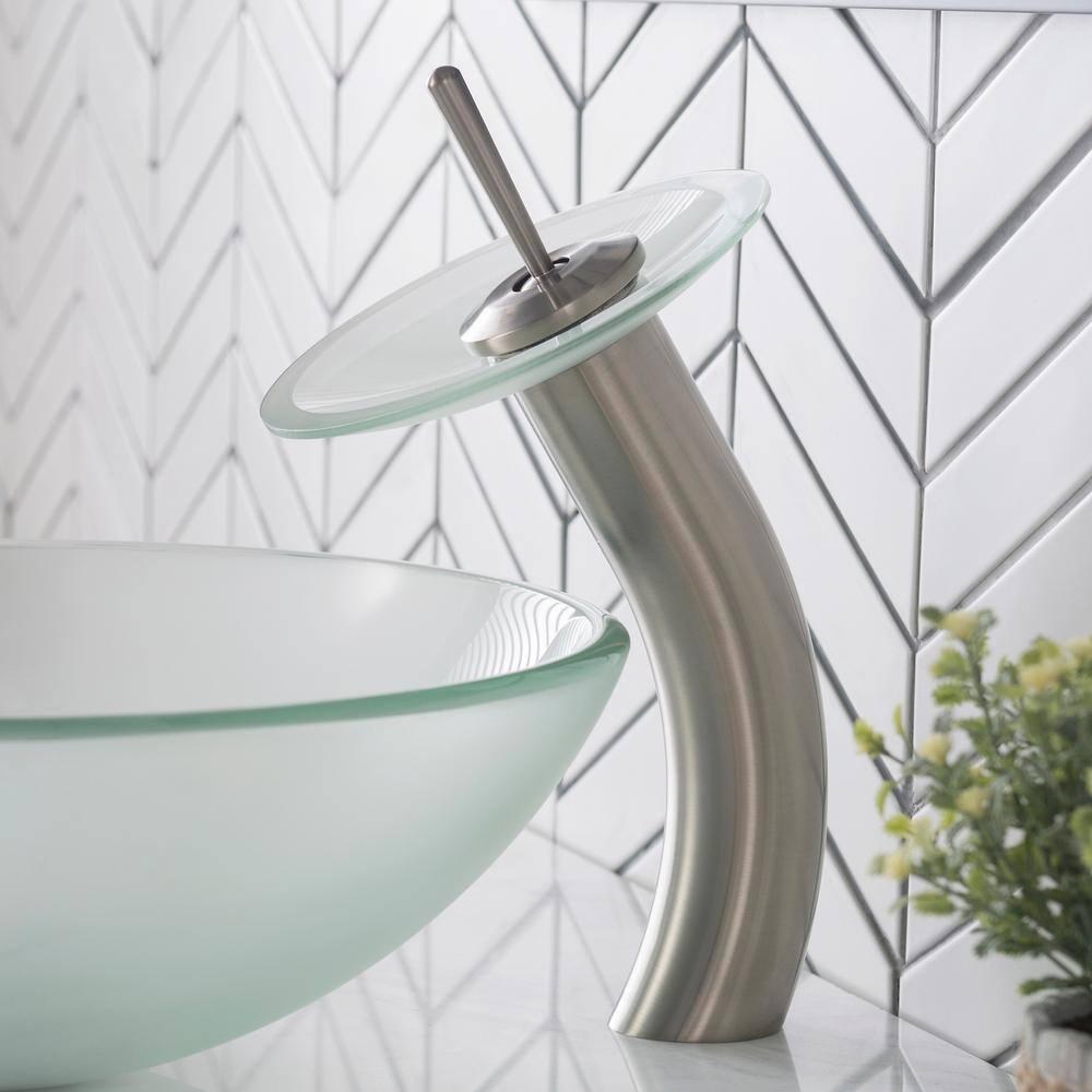 KRAUS Tall Waterfall Bathroom Faucet for Vessel Sink with Frosted Glass Disk and Pop-Up Drain, Satin Nickel Finish