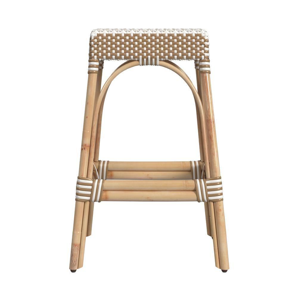 Tan and White Striped Rattan Backless Bar Stool, 30"