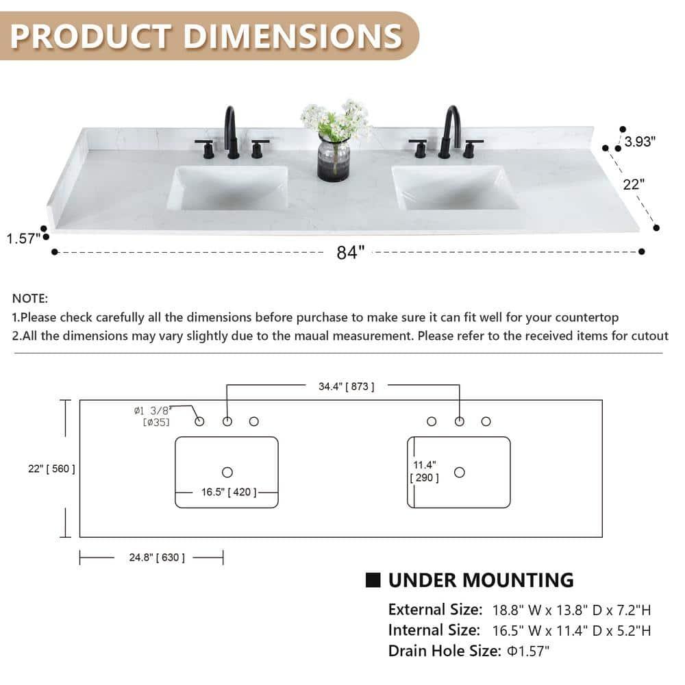 Altair Ceres 84"  Engineered Stone Double Bathroom Vanity Top with Sink