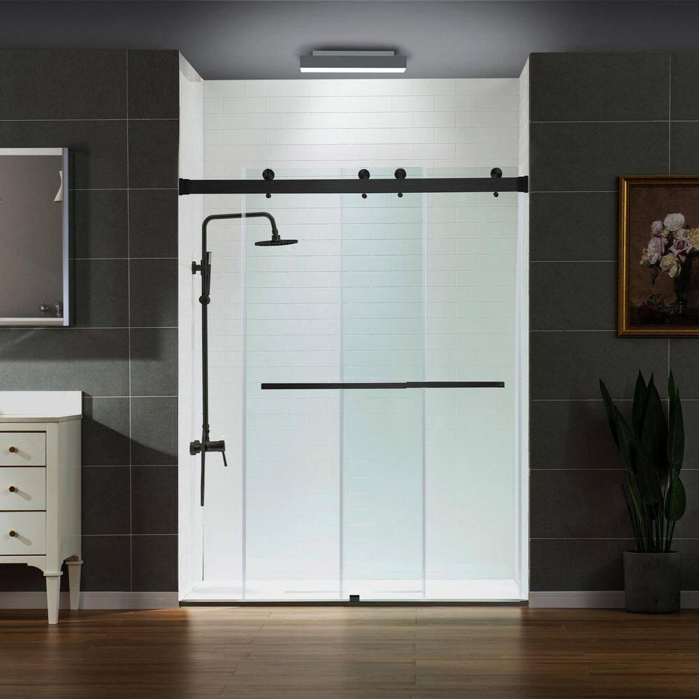 WoodBridge Semi-Frameless Single Sliding Shower Doors, 56-60" W X 76" H With 5/16" Clear Tempered Glass And Explosion-Proof Film MSDF6076-MBL