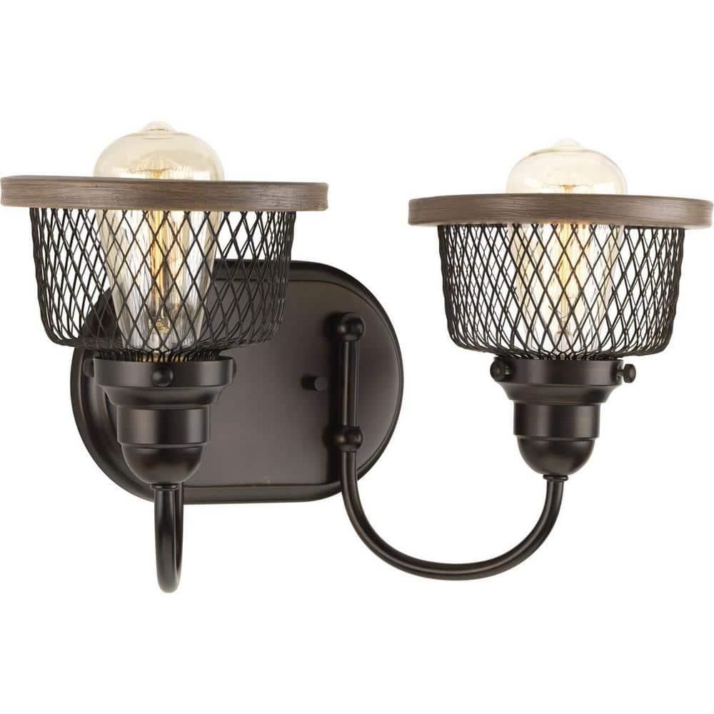 Progress Lighting Tilley 2-Light Bath & Vanity in Antique Bronze, Steel, Industrial Style, Metal Mesh Shades