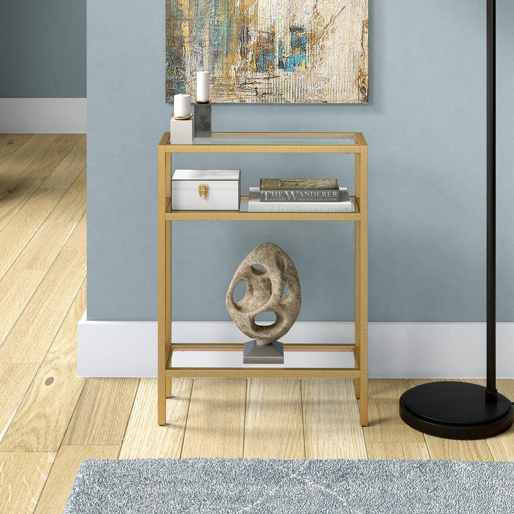 Compact Modern Industrial Brass & Glass Console Table with Storage