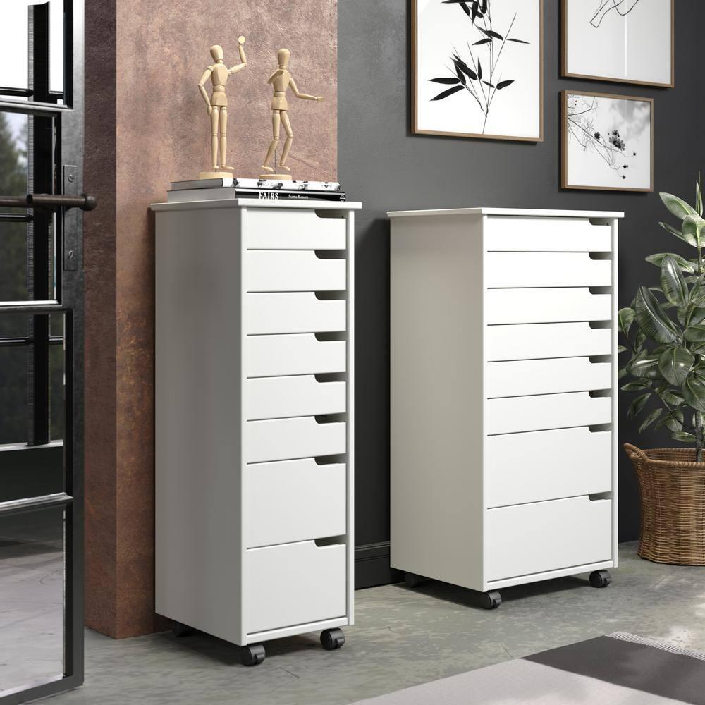 Adeptus Original Euro Roll Cart, Solid Wood, 6+2 Drawer Extra Wide Drawers Roll Carts, White