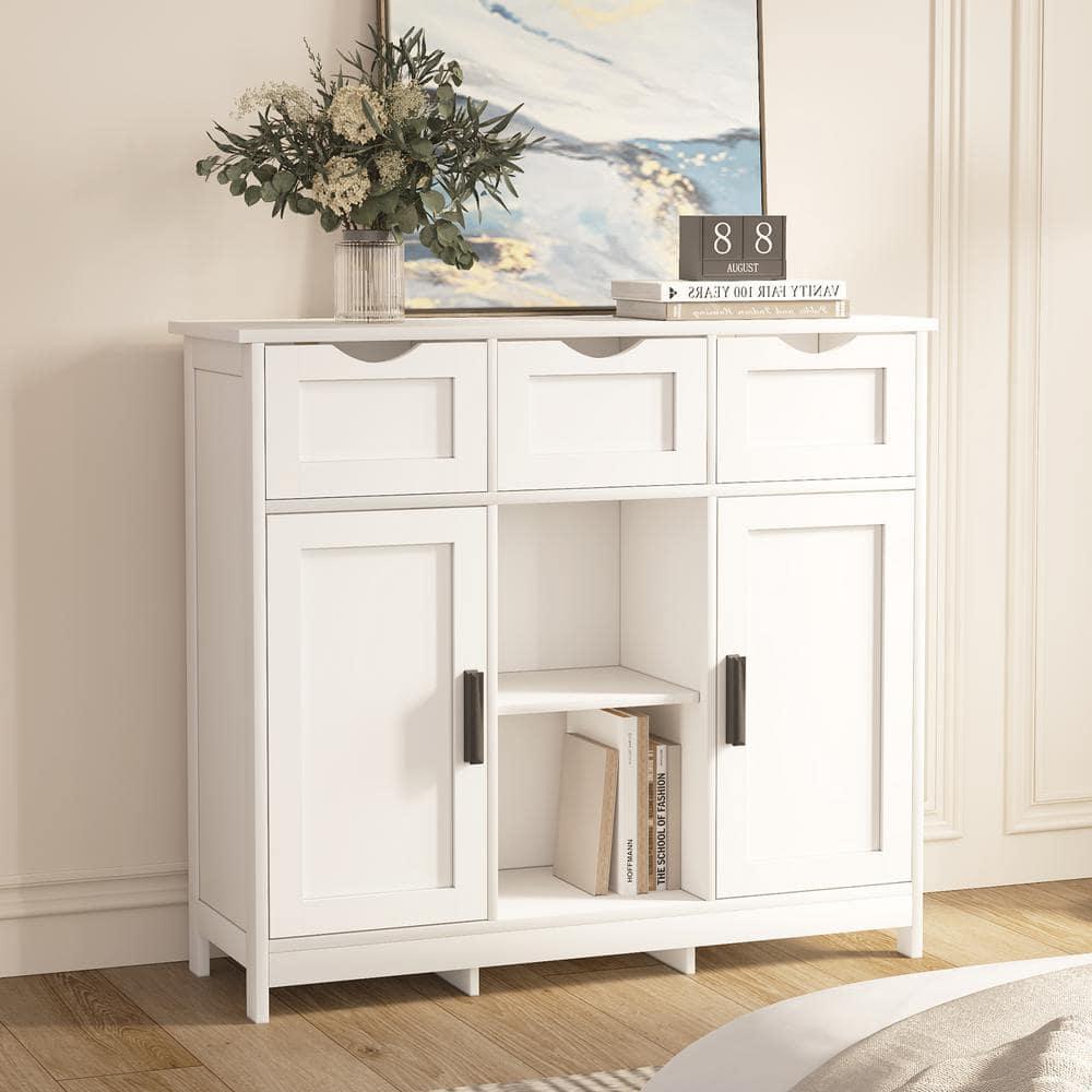 Bathroom Storage Cabinet Freestanding Wooden Floor Cabinet with Adjustable Shelf and Double Door White