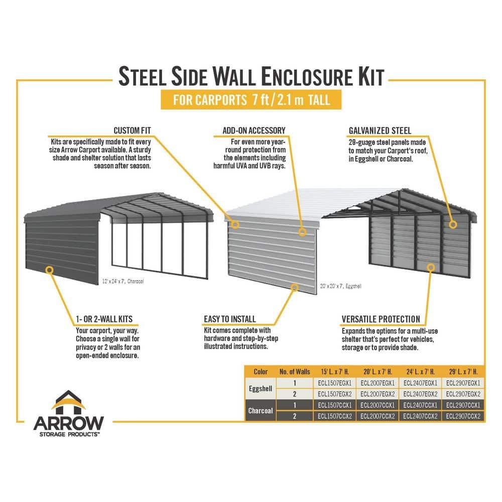 Arrow Arrow Steel Carport with 1 Side Wall Kit, 20x24x07