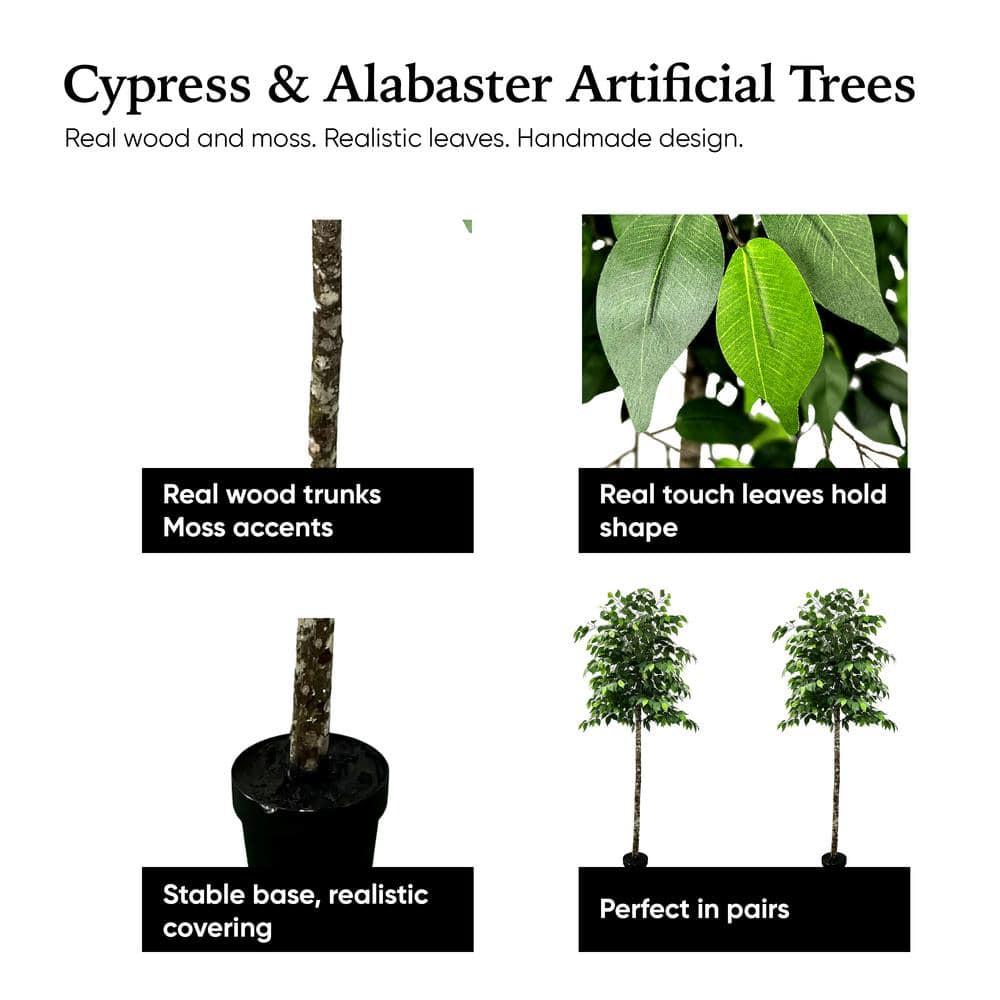 Cypress & Alabaster | Handmade Modern Style 6.5' Artificial Ficus Tree In Home Basics Plastic Pot Made With Real Wood And Moss Accents
