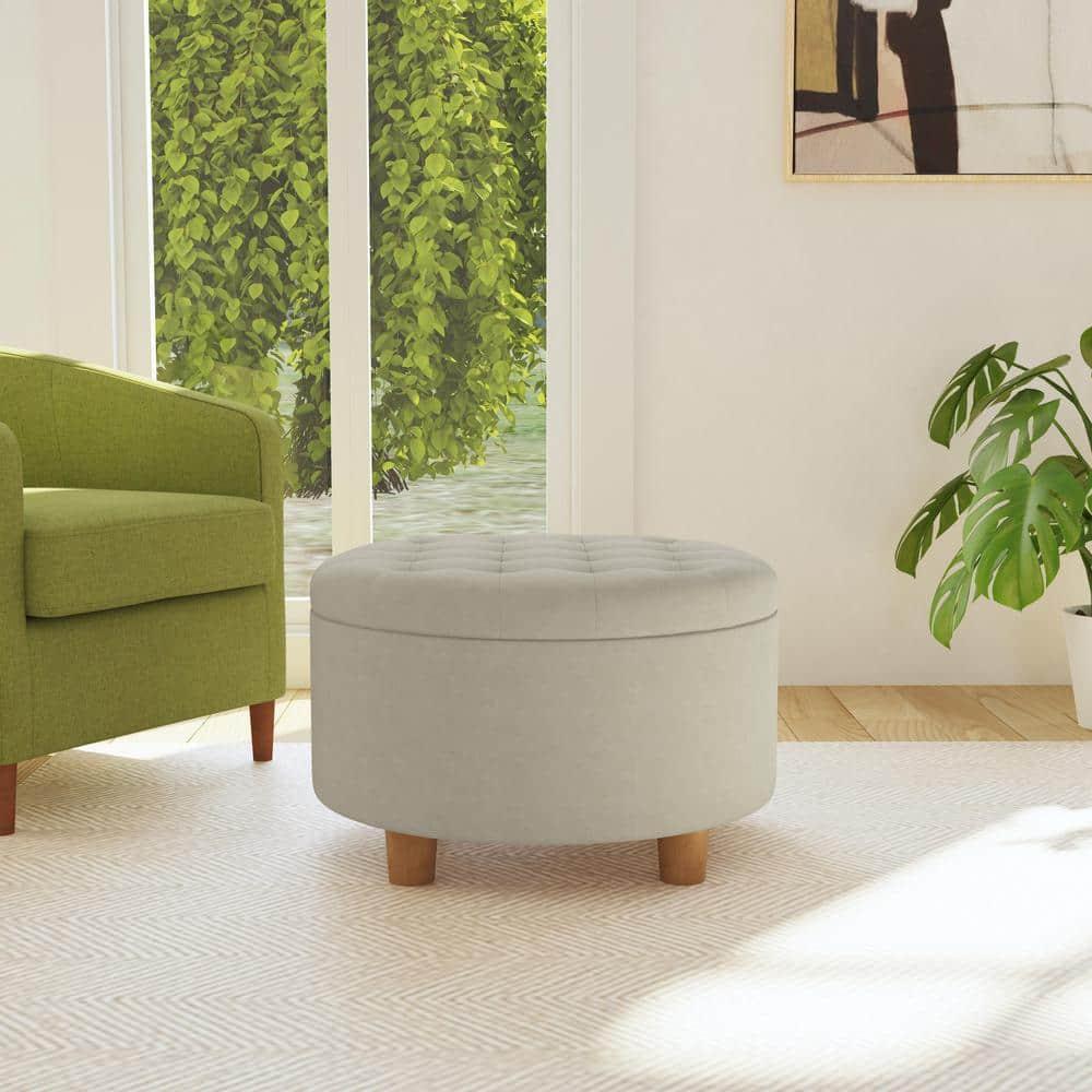 Tufted Round Storage Ottoman Fawn Velvet - HomePop: Lift-Off Lid, Honey Oak Legs, 250lb Capacity