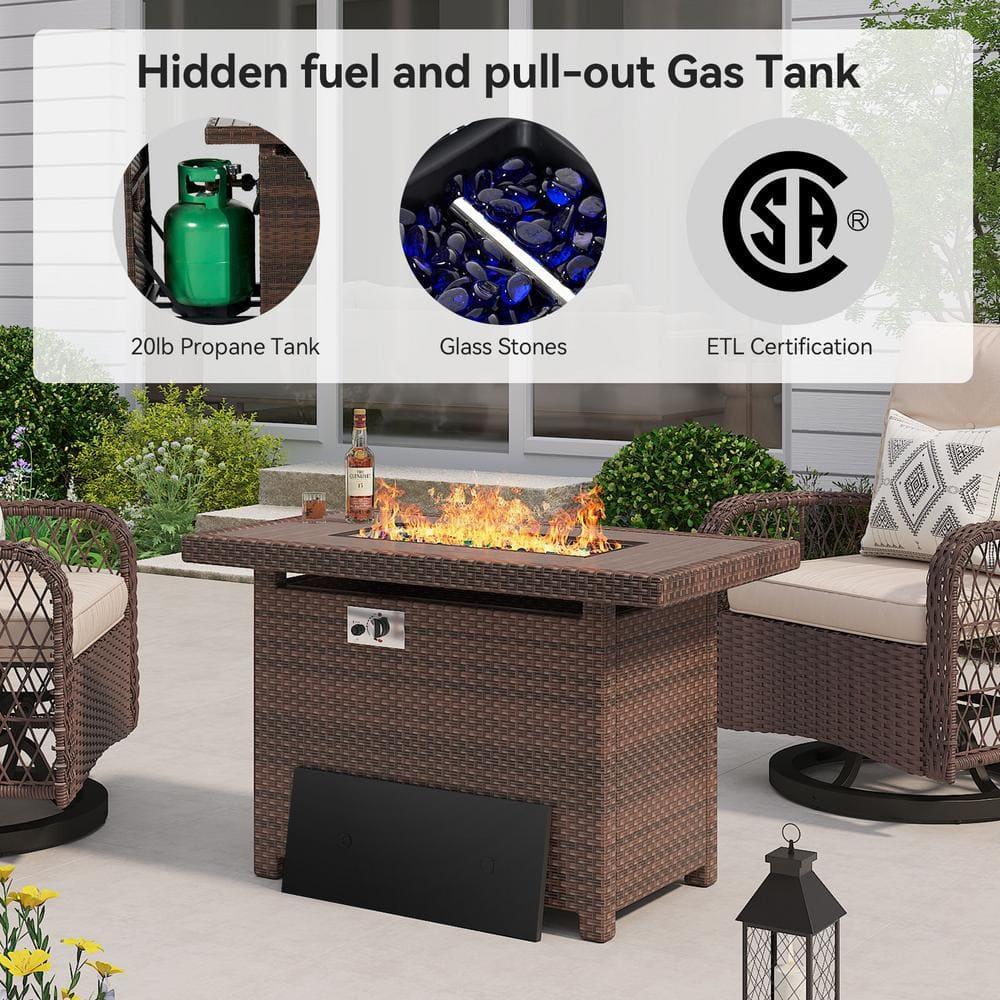 Gyutei44-in Rectangle 50,000 BTU PE Rattan Propane Fire Pit Table with Lid, Non-Glass Wind Cover