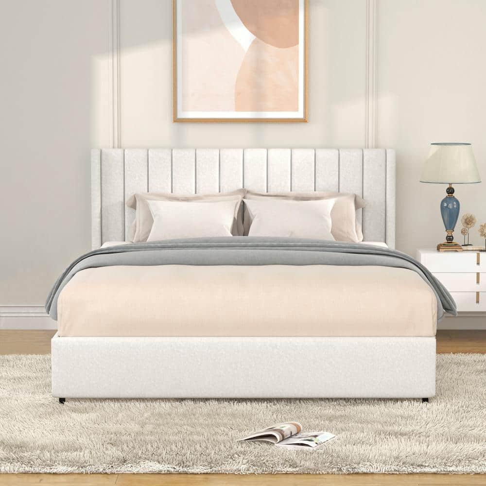 imerelez Anda Queen Size Ivory Boucle Upholstered Platform Bed with Patented 4 Drawers Storage, Tufted Headboard, Wooden Slat Mattress Support, No Box Spring Needed