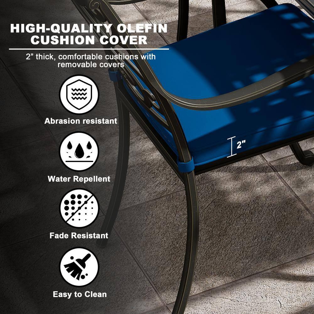 Black Cast Aluminum 6-Person Outdoor Dining Set with Blue Cushions