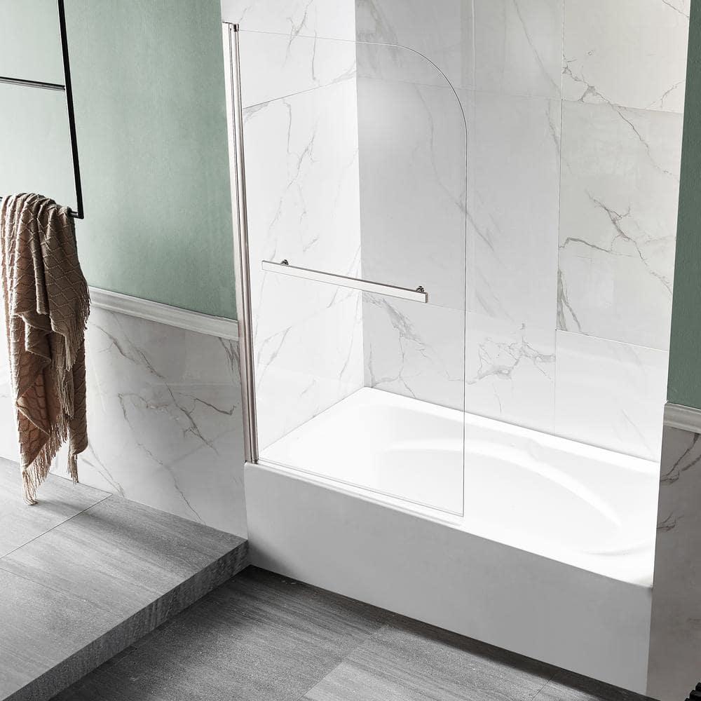 Myth 28 in. W x 56 in. H Hinged Frameless Tub Door with Tsunami Guard Technology