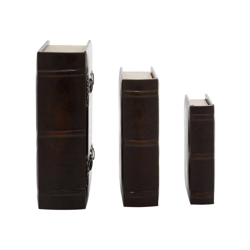 DecMode Vintage Faux Book Storage Dark Brown Faux Leather Decorative Box with Gold Buckle Accents, 3 Count