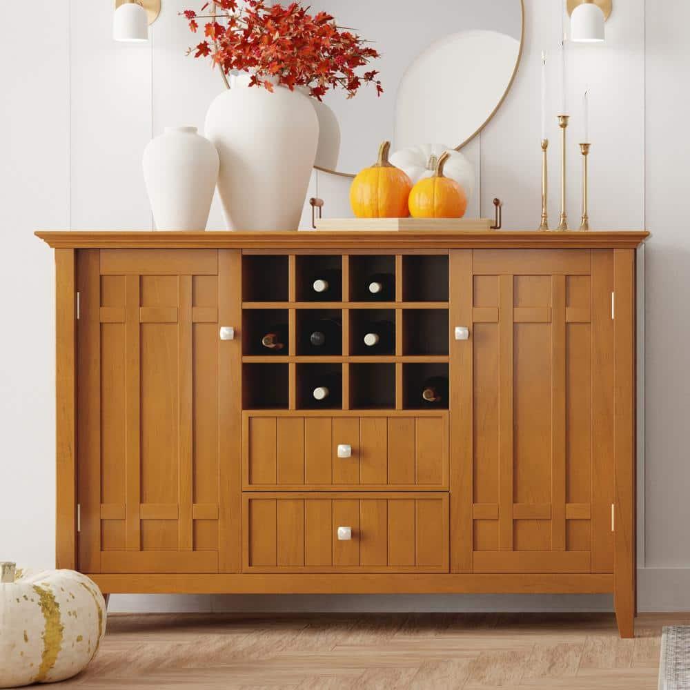 Simpli Home Bedford 54" Wide SOLID WOOD Sideboard Buffet and Wine Rack