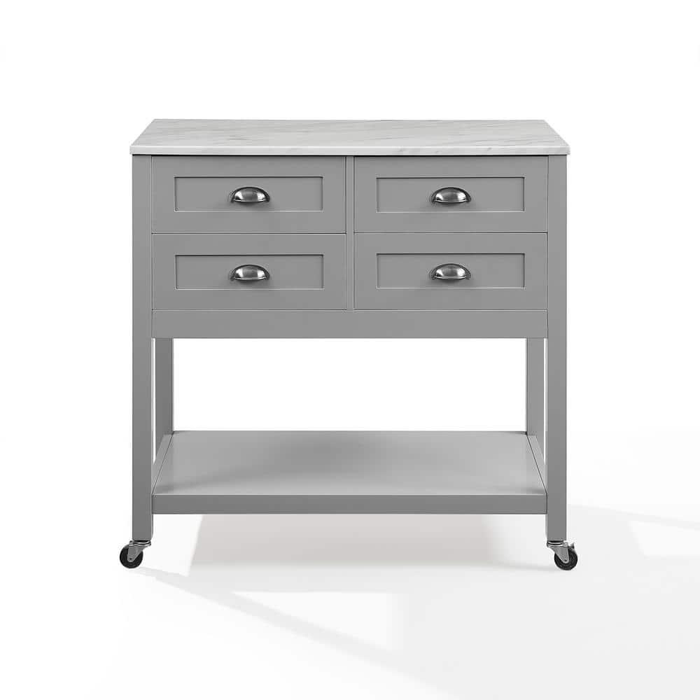 Connell Kitchen Island Cart Gray/White Marble - Crosley: Mobile Storage, 4 Drawers, Open Shelf, Locking Wheels