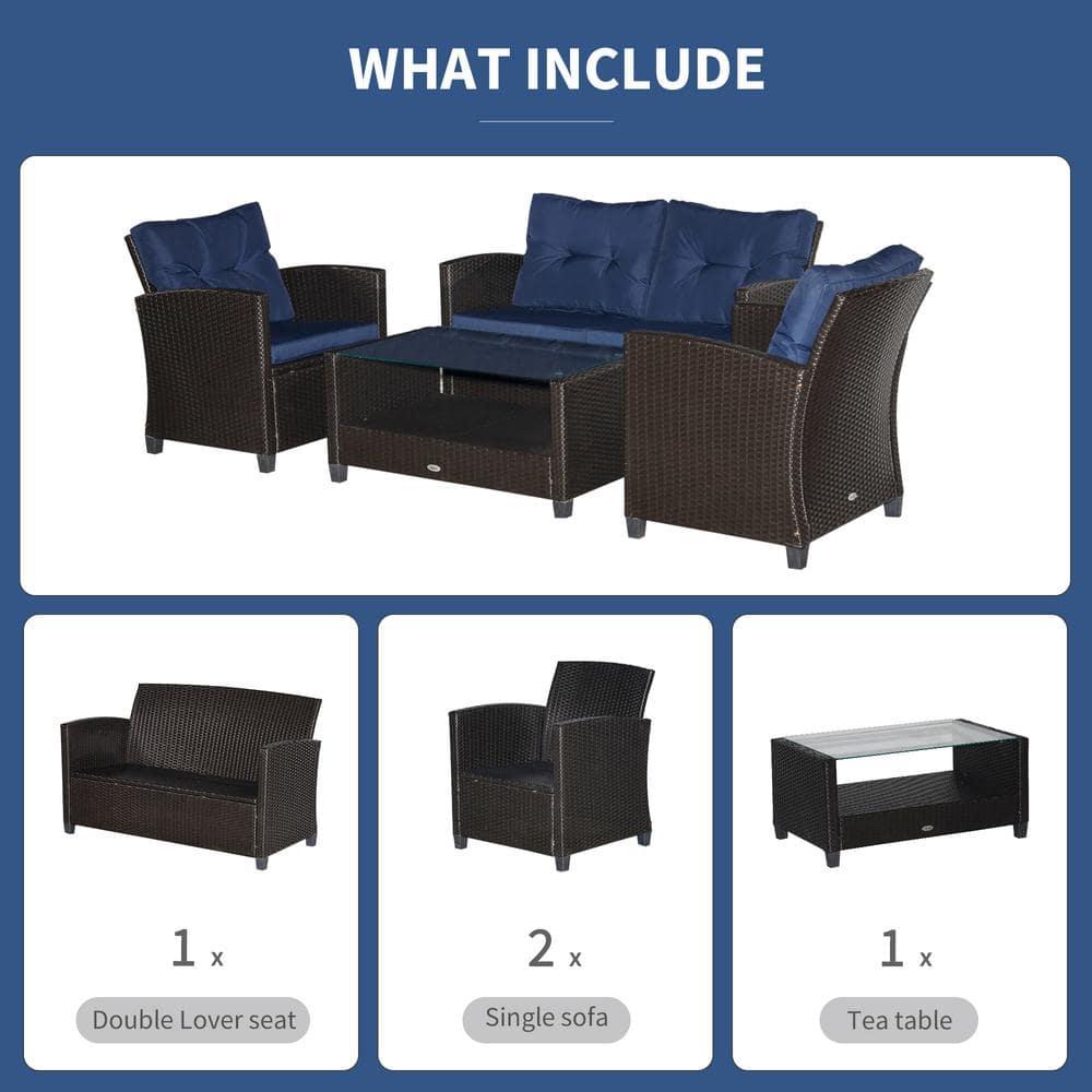 Outsunny 4-Piece Patio Furniture Set, Rattan Wicker Chair W/ Table, Outdoor Conversation Set With Cushion For Backyard, Porch, Or Garden, Blue