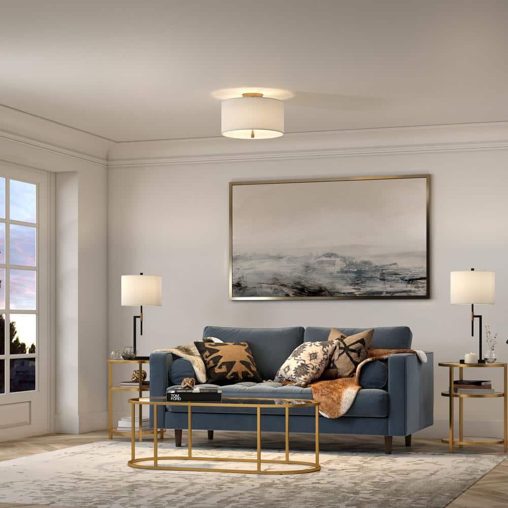 Evelyn&Zoe Ellis 16" Flush Mount with Fabric Shade in Brass/White