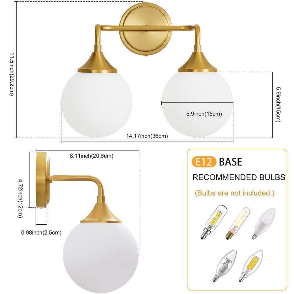 14.17 in. 2-Light Gold Vanity Light with Milk White Glass Shade, Suitable for Bathrooms Dining Room Powder Rooms