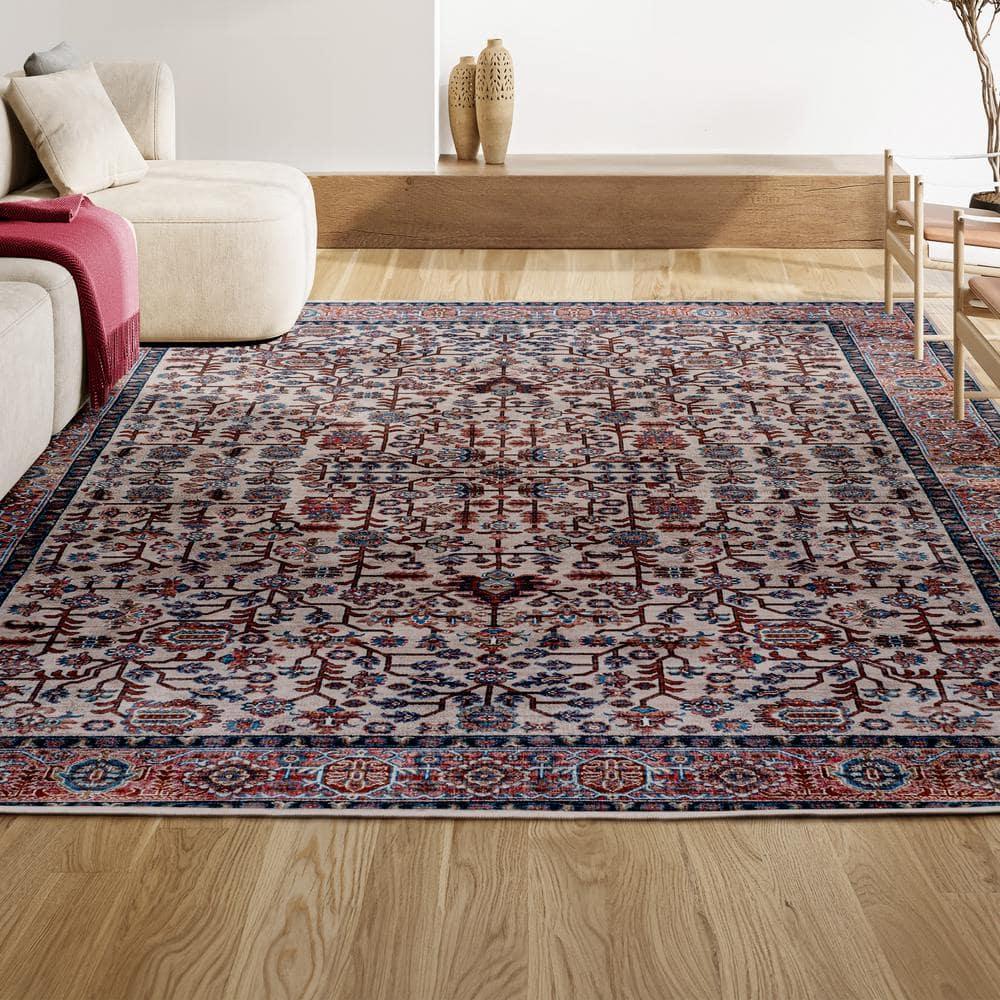 Kemer All-Over Persian Machine-Washable Beige/Red/Blue 3 ft. x 5 ft. Area Rug - JONATHAN Y