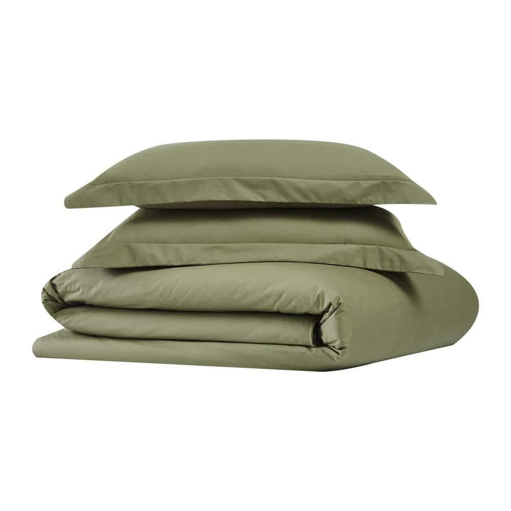 Brooklyn Loom 3pc Full/Queen Solid Cotton Percale Duvet Set Olive Green: 200 Thread Count, Includes 2 Shams