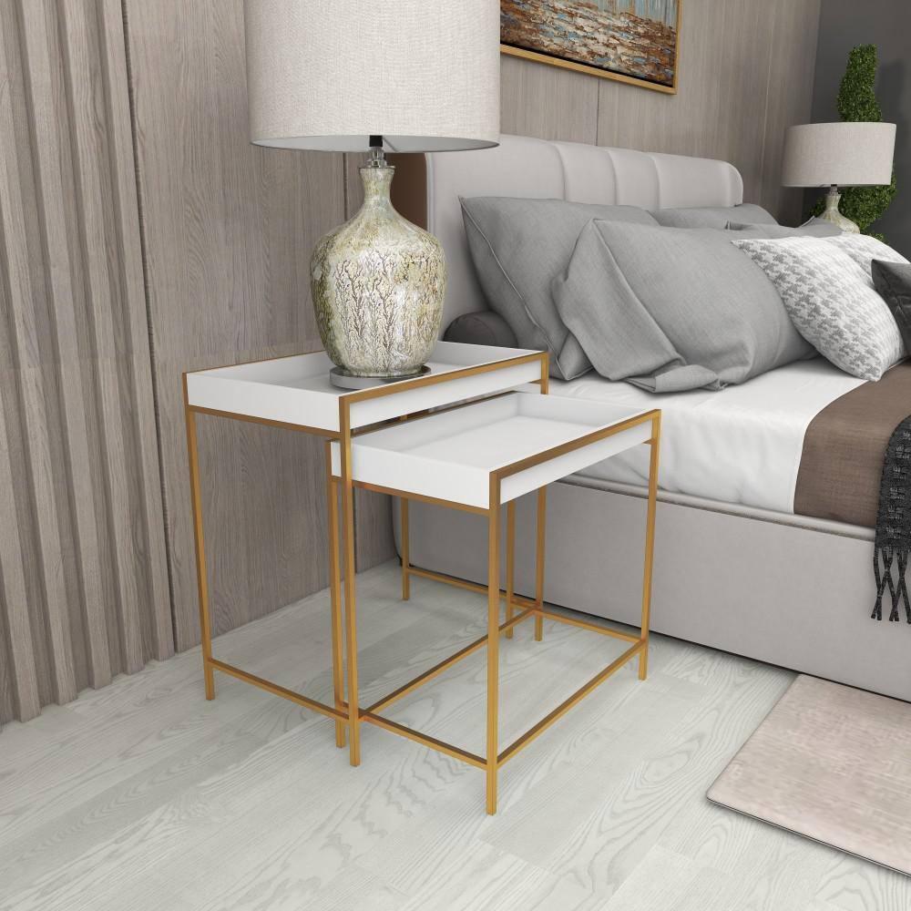 Mercer41 Blaine Wooden Nesting Tray Top Geometric Side End White Accent Table with Gold Metal Legs Set