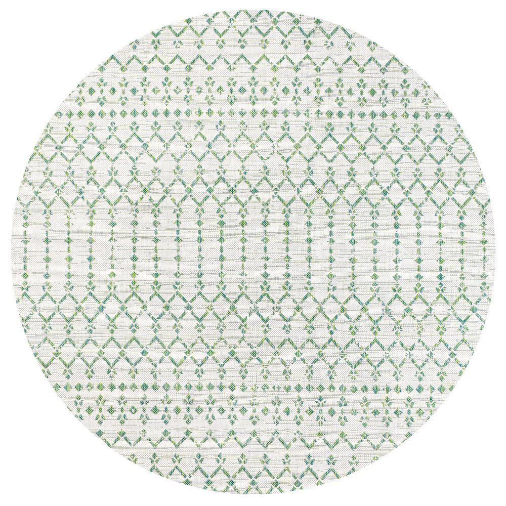 5' Round Ourika Moroccan Geometric Textured Weave Indoor/Outdoor Area Rug, Green/Ivory - JONATHAN Y