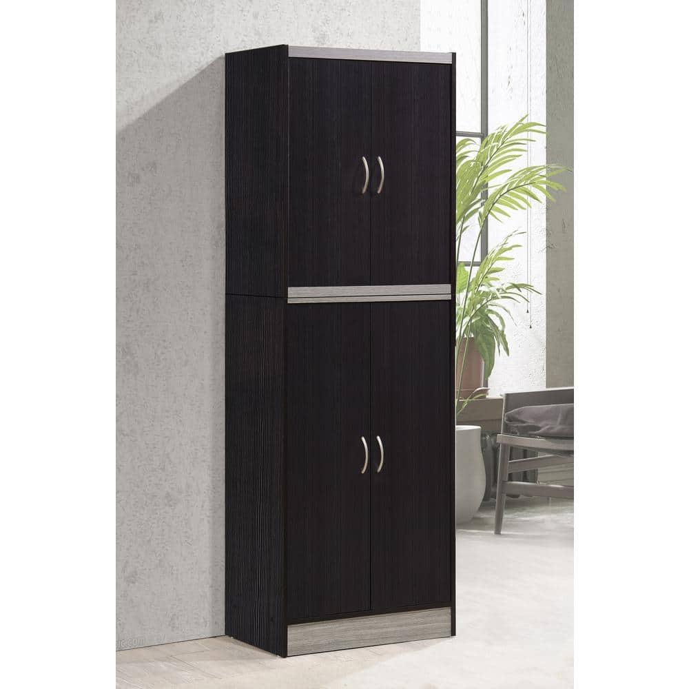 Hodedah 4 Door Kitchen Pantry 4 Shelves 5 Compartments in Chocolate-Grey Wood