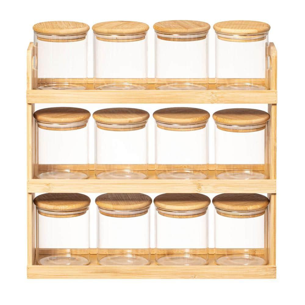 Basicwise 3-Tier Bamboo Spice Rack & Pantry Organizer with 12 Glass Jars.Perfect for Storage in Kitchens to Keep Seasoning Containers Neatly Displayed