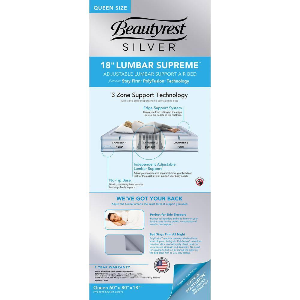Beautyrest Lumbar Supreme 3-Zone Adjustable Air Mattress with Built-in Pump - Queen