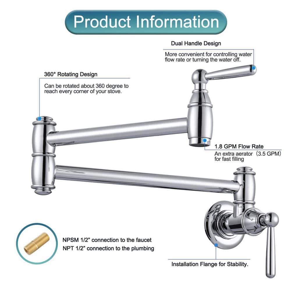 ARCORA ARCORA Wall Mounted Pot Filler Brass Folding Kitchen Faucet with 2 Handles AR7106800C