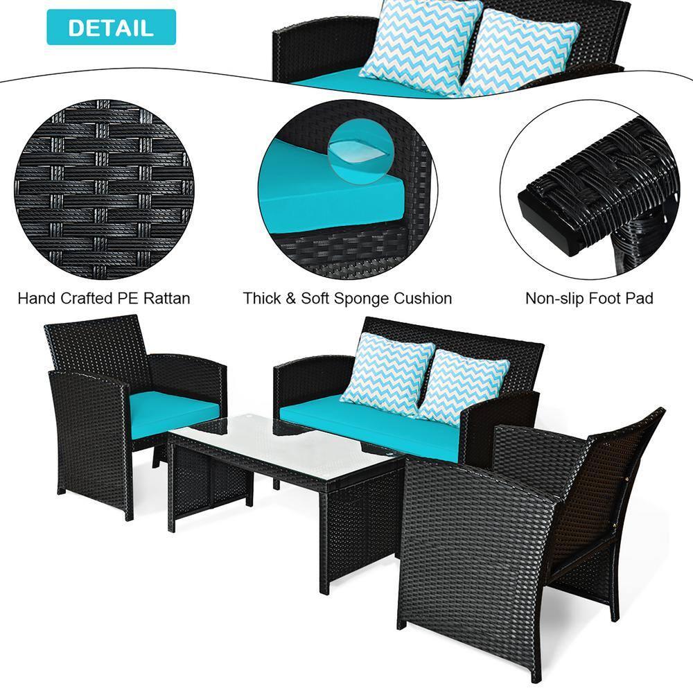 Resenkos 4 Pieces Patio Rattan Furniture Set, Outdoor Patio Furniture Set with Weather Resistant Cushions and Tempered Glass Tabletop-Turquoise
