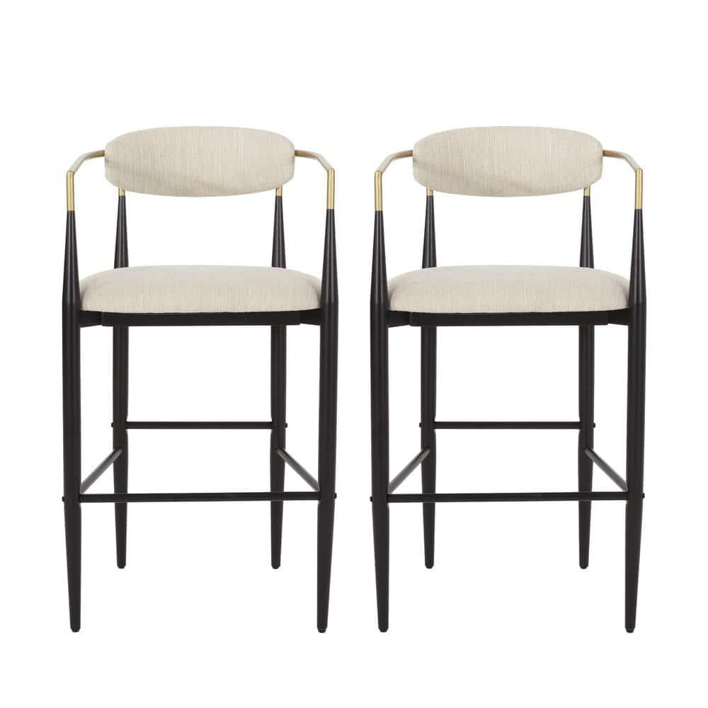 Noble House Boise Fabric and Metal 30 Inch Barstools, Set of 2, Beige, Black, and Gold