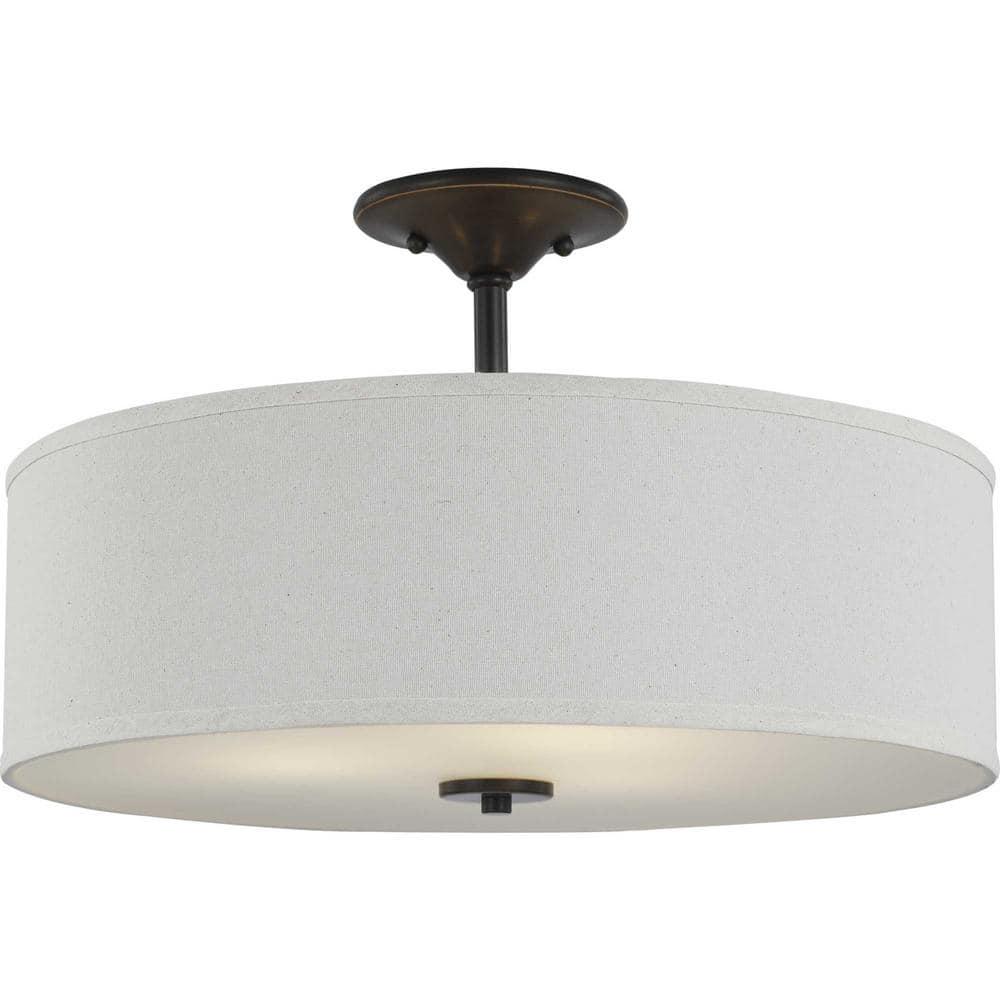 Progress Lighting, Inspire Collection, 3-Light Semi-Flush Mount, Antique Bronze, Off-White Linen Shade