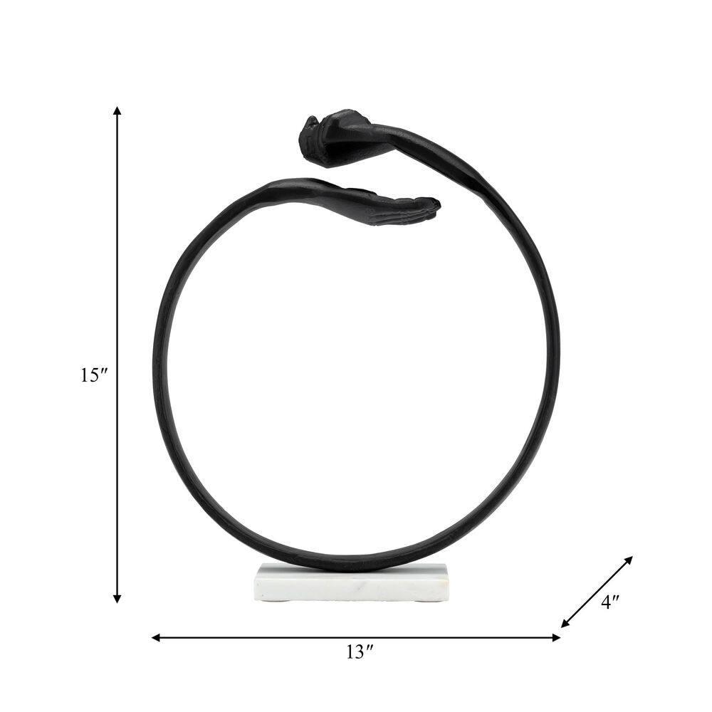Metal, 15" Hand Ring On Base Sculpt , Black/White, Round, 15"H, Solid Color - 13" x 4" x 15"