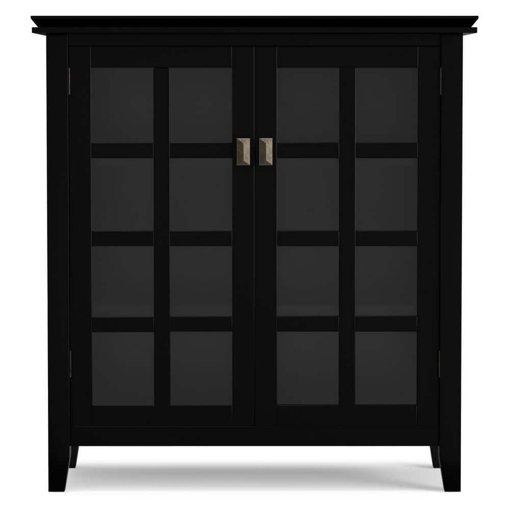 Simpli Home Artisan 38"W Solid Wood 4-Shelf Medium Storage Cabinet with Glass Doors and Adjustable Shelves