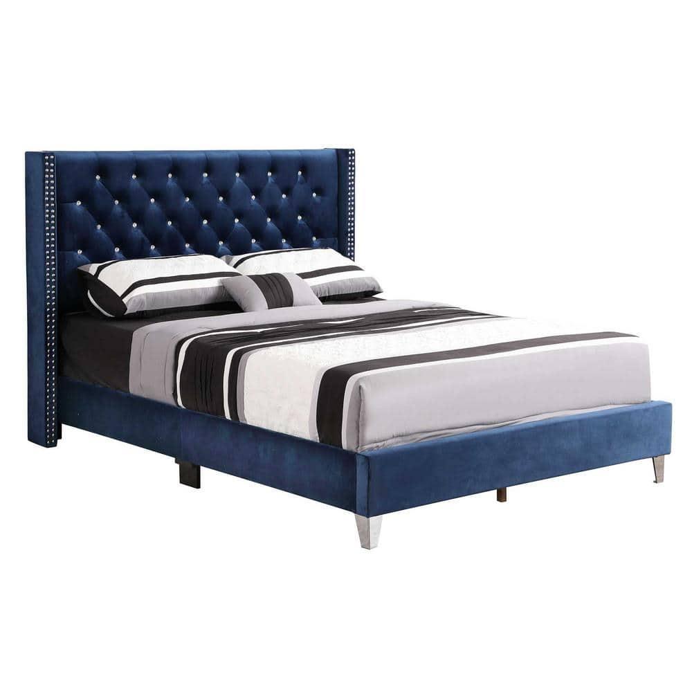 Passion Furniture Julie Navy Blue Tufted Upholstered Low Profile Queen Panel Bed